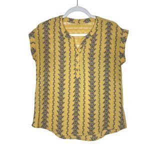 Mine Floral Short Cap Sleeves Split Neck Lace Back Blouse Small Yellow Top Fall